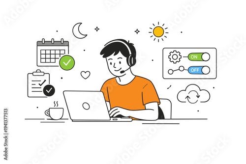 DevOps on-call burnout sustainable workflow. An engineer adjusting schedules and automation tools on a laptop, symbolizing healthier on-call practices and
