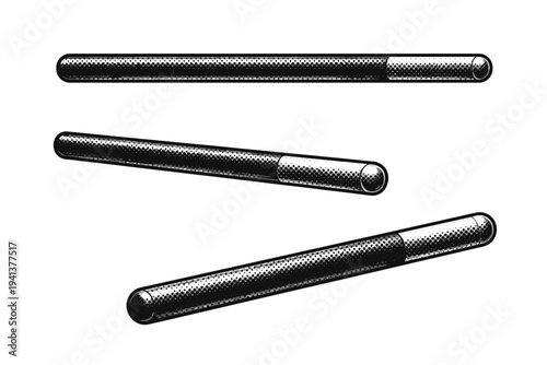 Magic wand minimalist design with smooth cylindrical form and rounded end cap, represented as one realistic wand shown in three views including straight