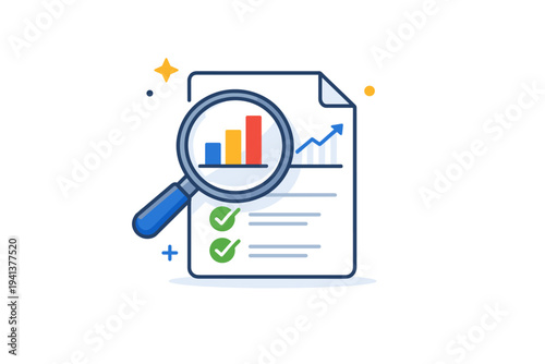 Business analyst document review illustrated as a magnifying glass hovering over a clean document with graphs and checkmarks, symbolizing validation, clarity,