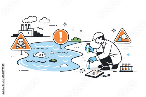 Water contamination hazard. A scene showing a river with warning icons and a researcher collecting water samples. Careful monitoring and