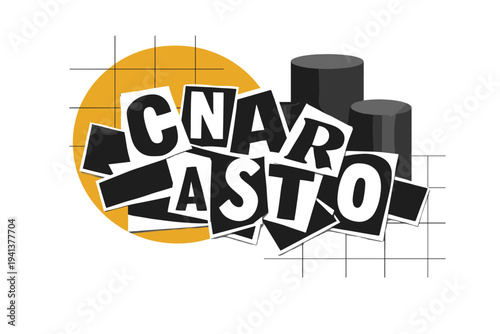 Black and white oversized scattered letters overlapping diagonally like ransom-style typography, layered paper cut-out aesthetic with visible white contours,