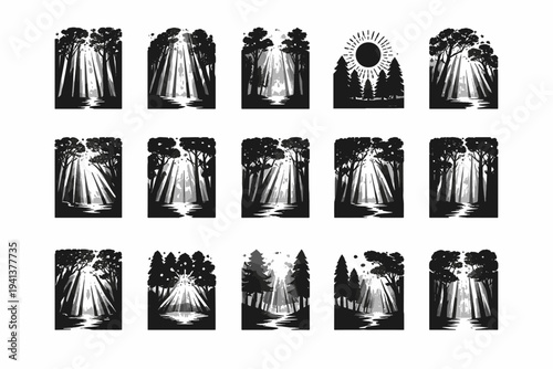 Forest Light. Solid icon set of Forest Light: tall trees, vertical light shafts, misty forest, sun disc, light filtering leaves, forest clearing, soft glow,