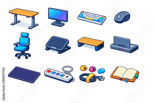 Workspace Setup. Colorful isometric vector icons set of Workspace Setup: standing desk, monitor screen, keyboard, mouse, ergonomic chair, footrest, monitor