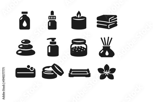 Spa Products Display. Solid icon set of Spa Products Display: massage oil bottle, essential oil bottle, scented candle, folded towel stack, spa stones, lotion
