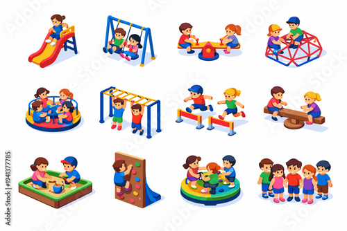 Playground Fun. Colorful isometric vector icons set of Playground Fun: children on slide, kids on swings, children on seesaw, kids climbing jungle gym,