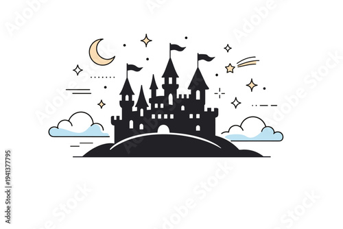 Fantasy palace concept. A dreamy palace silhouette on a hill, flags gently waving, stars and clouds around. Peaceful fairytale atmosphere with light