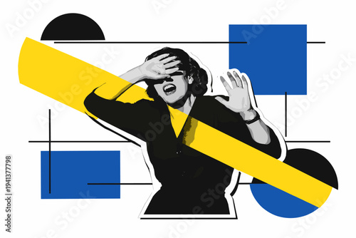 Black and white retro-style portrait of a person shielding their eyes from an intense spotlight, dramatic emotional pose, large circular spotlight beam in bold