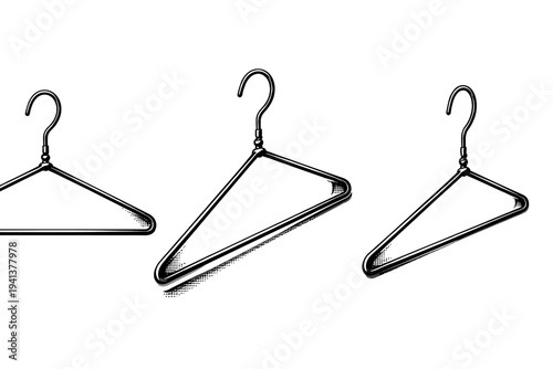Wire clothes hanger, a realistic wire hanger shown front view, rotated angled view, and side profile as three object representations focusing on thin metal