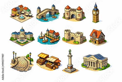 Historic City Icons. Colorful isometric vector icons set of Historic City Icons: old town square, historic bridge, ancient city gate, clock tower, royal