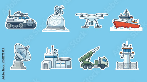 Military Surveillance Icons – Defense and Communication Systems