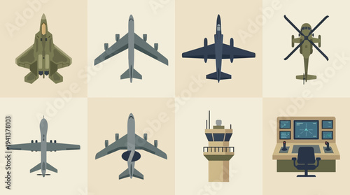 Military Aviation Icons – Aircraft, Carrier, and Radar Systems
