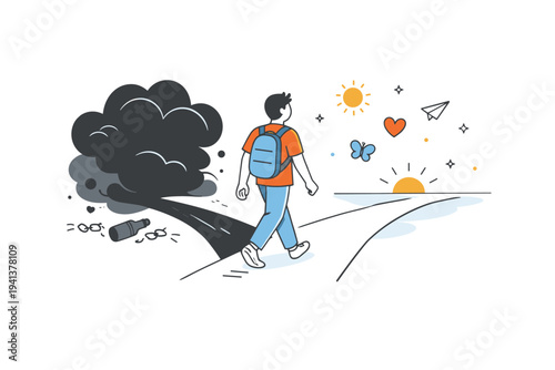 Overcoming addiction. A young person standing at a crossroads, leaving behind a dark abstract cloud while walking toward a bright open space. The scene conveys