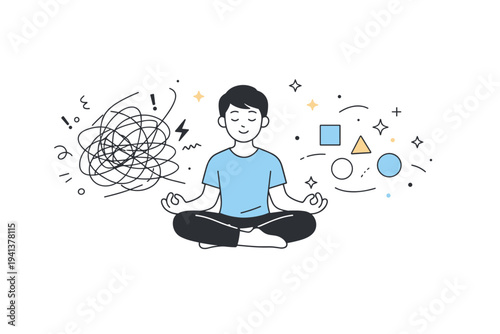 Mental resilience. A character meditating calmly while chaotic scribbles transform into neat shapes and soft stars around them. The illustration conveys