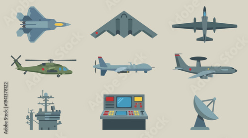 Military Aviation Icons – Aircraft, Carrier, and Radar Systems
