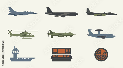 Military Aviation Icons – Aircraft, Carrier, and Radar Systems