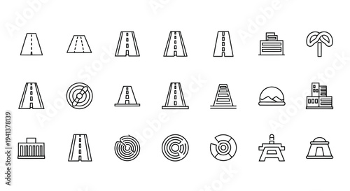 Collection of diverse architectural and symbolic icons in a line art style