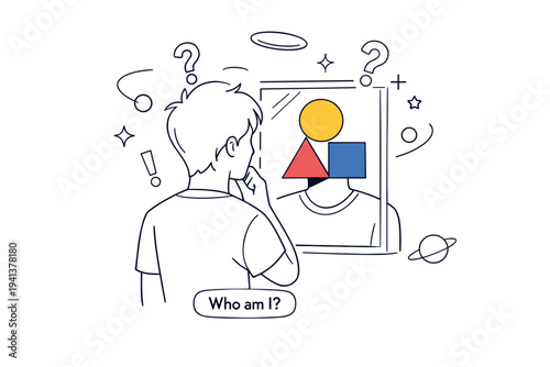 Philosophy of Self. A person standing in front of a mirror where the reflection shows abstract geometric shapes instead of a face, exploring identity and