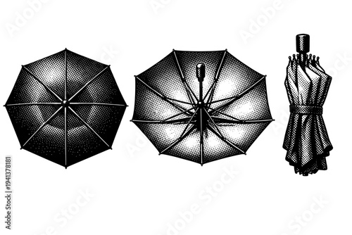Umbrella canopy structure, a realistic umbrella canopy shown from top view open, underside open, and collapsed view as three object studies focusing on rib