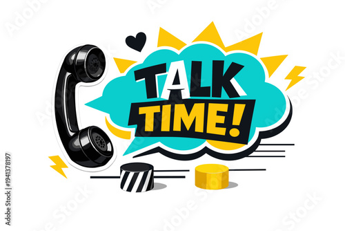 Retro black and white telephone receiver floating as cut-out object with crisp white outline, vibrant turquoise and yellow speech cloud expanding from it, bold