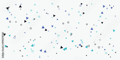 Colorful Geometric Abstract Pattern with Triangles, Circles, and Plus Signs