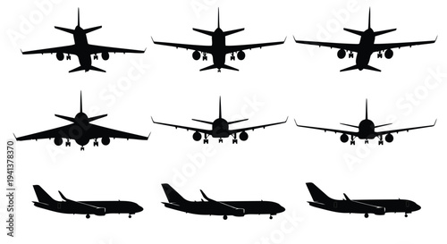 Diverse silhouettes of military and commercial aircraft from various eras and designs
