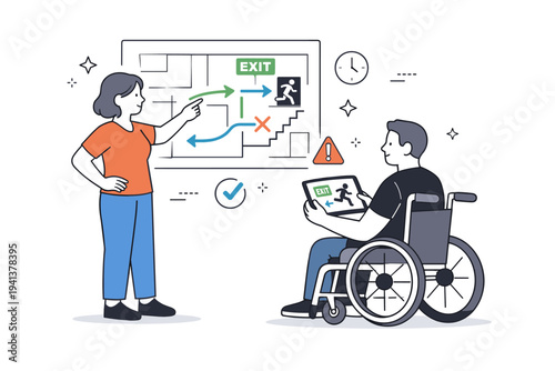 Inclusive emergency preparedness. A wheelchair user reviewing a clear evacuation plan on a tablet while a caregiver points at simple route icons on a wall map.