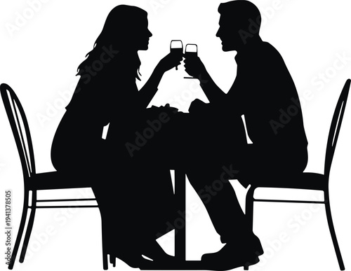 Black silhouette of a romantic couple having dinner at a restaurant table with wine glasses on a white background