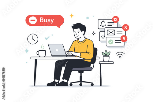 Busy signaling behavior online status. A worker sitting calmly while their chat status shows busy and notifications stack up, expressing performative