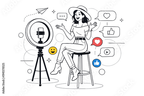 Live Streaming Look. A fashionable blogger sitting on a high stool with a ring light glowing softly, gesturing energetically while speaking to an unseen