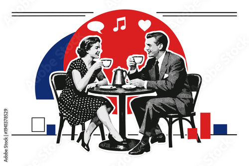 Black and white retro illustration of a 1950s couple enjoying coffee at a small round table, cut-out collage effect with subtle white outline around the