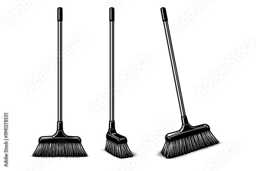 Broom full assembly A realistic complete broom with handle and bristle head shown in three views: full front view, side profile, and angled perspective,