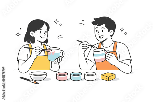 Glazing pottery pieces. Two participants carefully painting soft color glazes onto finished ceramic mugs, comparing patterns and smiling. The mood reflects