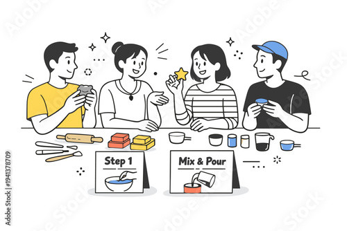 Creative studio gathering. A cozy table with clay tools, brushes, wax blocks, and simple instruction cards titled ?Step ? and ?Mix & Pour.? Guests collaborate
