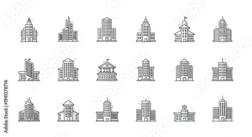 Diverse architectural styles depicted through minimalist building silhouettes
