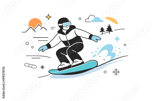 Snowboarding scene. A snowboarder carving through snow, relaxed stance and playful energy, modern winter lifestyle mood. Abstract shapes and motion accents