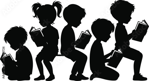 Black silhouette of children sitting and kneeling while reading books isolated on white background, concept of early education and literacy