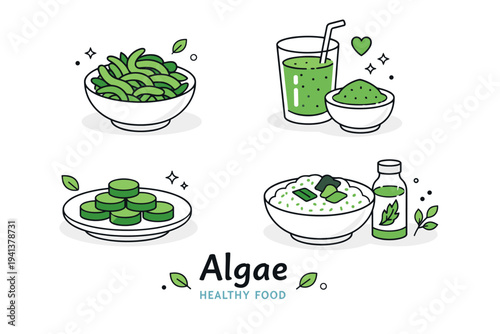 Algae as food source. Algae presented as a natural ingredient, simple bowls or plates with clean shapes, healthy and modern nutrition mood. Friendly and