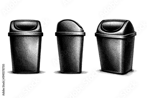 Trash bin swing lid A realistic trash bin with swing lid mechanism shown in three views: front view, side view, and angled view with lid centered, focusing on