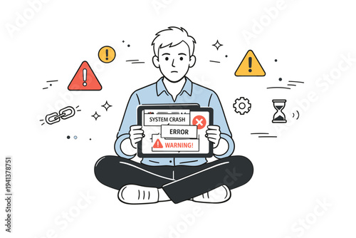 System crash anxiety. A lone IT manager holding a tablet full of error messages, responsibility and pressure balanced with calm posture, warning symbols