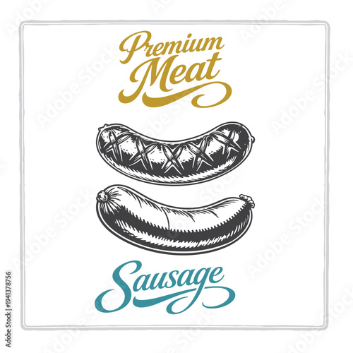 Two sausages illustration with premium meat lettering in vintage engraving style. Hand drawn sausage design for butcher branding, steakhouse menus, labels and food packaging. Part of set.