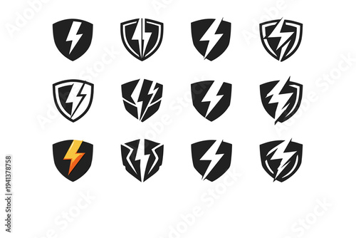 Esports sponsorships. Icon set. Set Logo of esports sponsorships: shield with lightning bolt. harmonious logo variations of the same emblematic concept, each