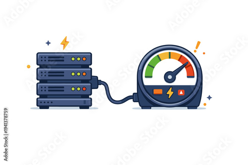 Energy-hungry AI servers illustrated by data racks connected to a power meter pushing into the red zone, conveying strain efficiency challenges and