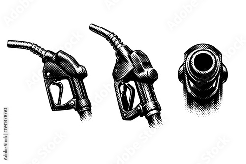 Retro gas pump nozzle A realistic retro gas pump nozzle with metal handle, trigger, and spout, presented in three views such as side profile, angled grip view,