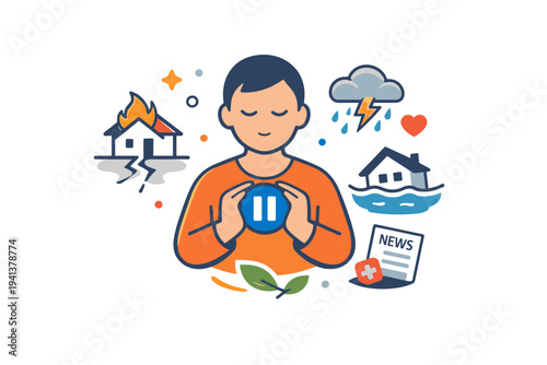 Compassion fatigue related to disaster news represented by a human figure holding a small pause symbol amid simplified crisis icons suggesting the need for
