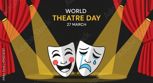 Theatre masks on stage for world theatre day on march 27th with spotlights and red curtains