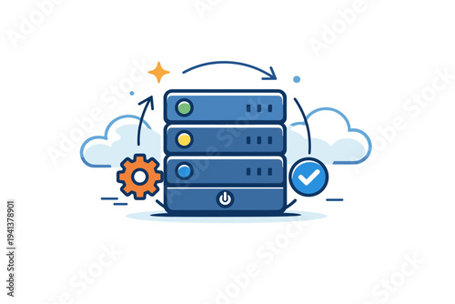 Cloud server management highlighting stability and continuous operation. A calm and confident scene built around a single server symbol enhanced by small
