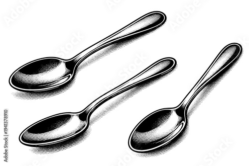 Spoon ? classic metal tablespoon with oval bowl smooth neck and gently tapered handle shown as a single object. Black and white dot style with halftone texture