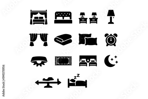 Luxury Hotel Bedroom. Solid icon set of Luxury Hotel Bedroom: canopy bed, headboard design, bedside tables, reading lamps, soft curtains, luxury throw blanket,