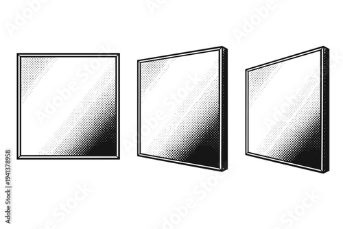 Mirror ? square modern mirror with flat edges minimal frame and geometric proportions represented as a single object. Black and white dot style with halftone