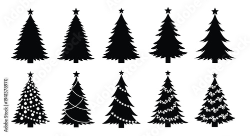 Varied styles of black and white christmas trees with different shapes and decorations